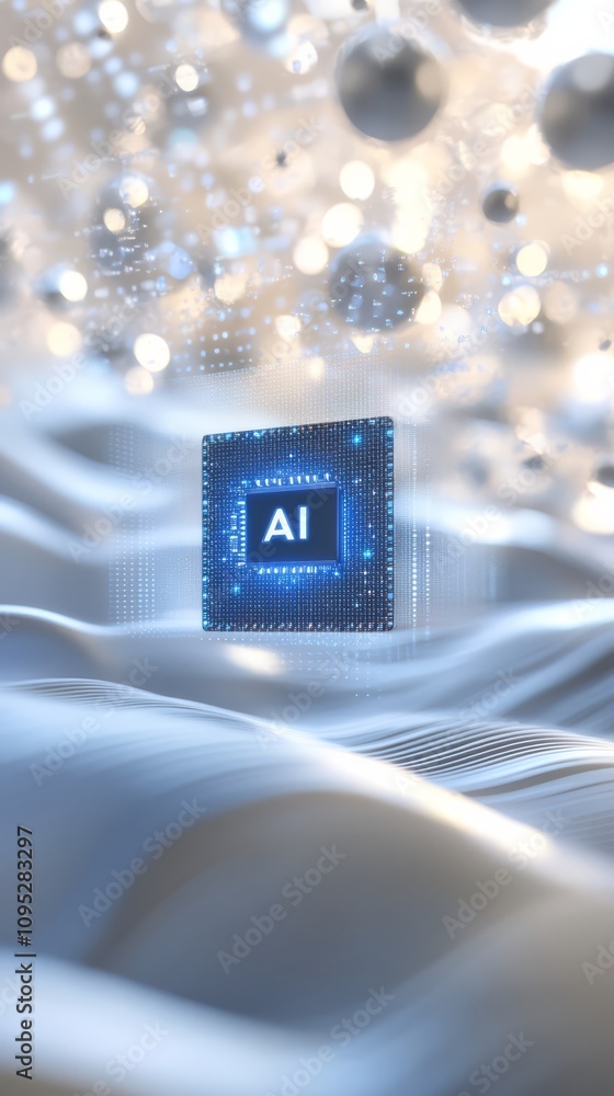 Poster ai technology microchip: futuristic, a single ai microchip glows in the center of soft fabric, a vis
