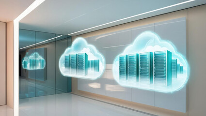 Cloud storage infrastructure with hologram visuals and floating server icons creates sleek futuristic ambiance. This modern design emphasizes technology and innovation