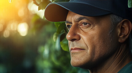 Banner showing contemplative man, green foliage background, sunlight illuminating, focused expression, wearing dark hat and casual outfit