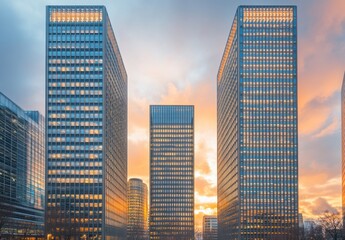 Obraz premium Modern Urban Skyline at Sunset with Reflective Glass Facades and Warm Horizon Colors Creating a Beutiful Cityscape for Architectural and Business Themes