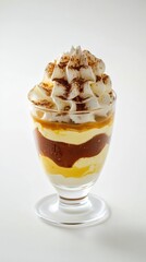 白い背景にホイップクリームを添えたグラスに入ったおいしい層状デザート