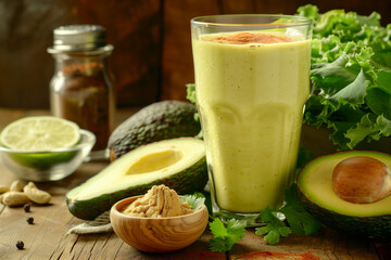 Creamy avocado smoothie served with fresh avocados and leafy greens on a wooden background
