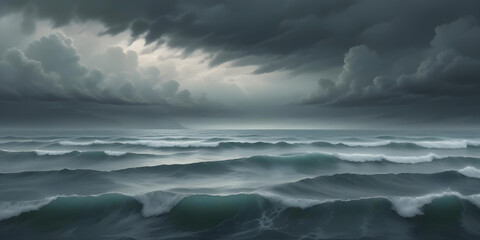 Fototapeta premium storm over the sea. Stormy ocean waves crashing against a rocky coastline under a dramatic cloudy sky. Digital artwork depicting a dramatic seascape under a stormy sky. The layout is horizontal,