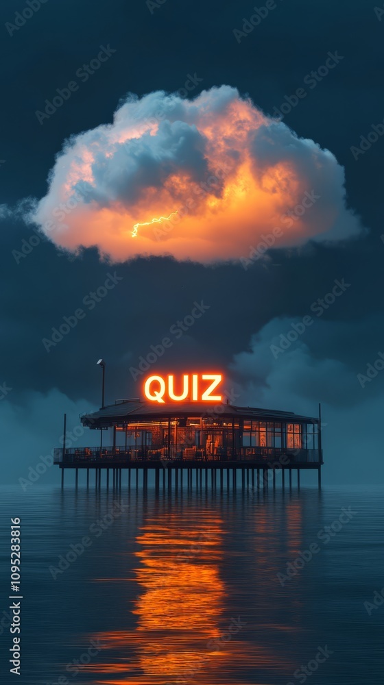 Poster quiz time under cloud: a surreal and inviting view of a quiz station standing in the middle of water