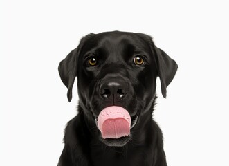 Fototapeta premium Playful Black Labrador Dog Enjoying Ice Cream Treat With Happy Expression, Isolated on White Background with Tongue Out, Perfect for Pet Lovers and Food-related Themes