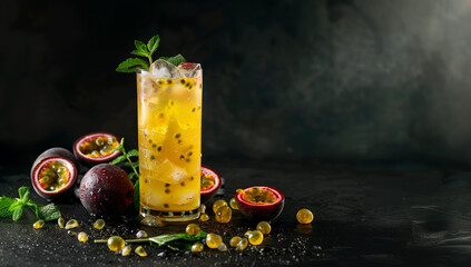 Tall glass of refreshing passion fruit lemonade with ice and mint, artfully presented in warm lighting against a black backdrop