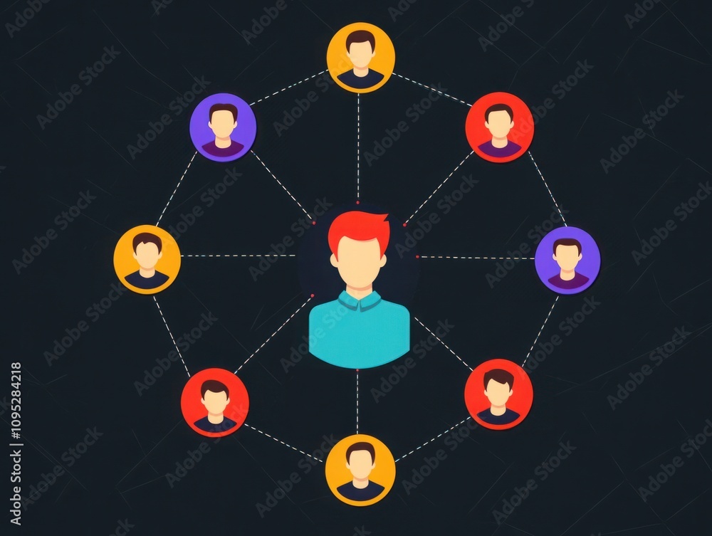 Poster abstract illustration of a central figure surrounded by connected icons representing people in a net
