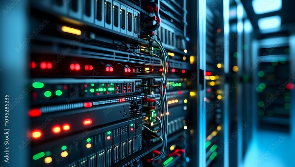 Aufkleber modern rack led console in server room data center. generative ai.