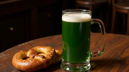 Refreshing green beer with pretzel on rustic table, bavarian autumn oktoberfest vibes