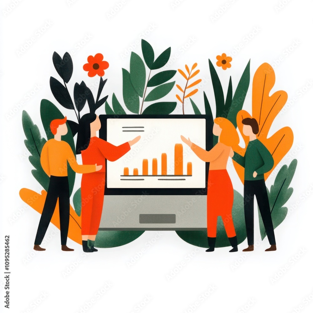 Poster group of professionals analyzing data on a computer screen surrounded by colorful plants and flowers