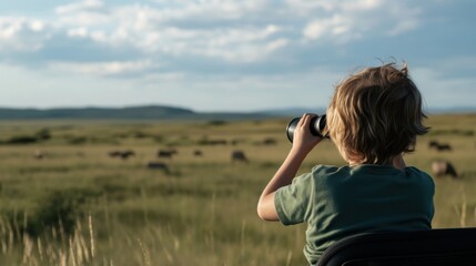 春の日に広大な草原で双眼鏡を使って野生動物を観察する子供