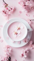 柔らかな光の中で美しいピンクの花びらを眺めながら桜茶を味わう