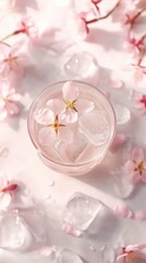 桜のドリンク：柔らかな光の中で、氷と花びらが入った花のドリンクの空中写真