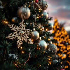 Christmas tree decorations, ornate snowflake ornament, golden baubles, twinkling lights, bokeh background, warm glow, festive atmosphere, close-up detail, pine needles, holiday season, elegant decor, 