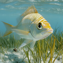 bonefish swimming underwater over seagrass, seen from a close-up perspective highlighted by white, png