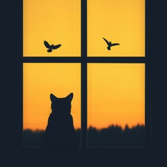 Silhouette of a Cat Sitting by a Window at Sunset, Observing Birds in Flight, Capturing the Moment of Nature and Curiosity, Tranquil Evening Scene