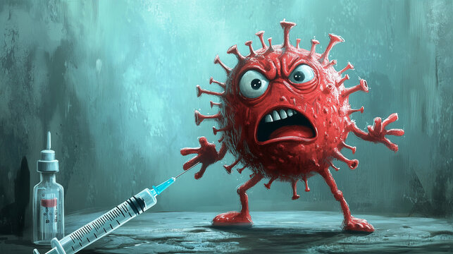 Angry anthropomorphic virus facing a syringe in a surreal depiction of vaccination and health care