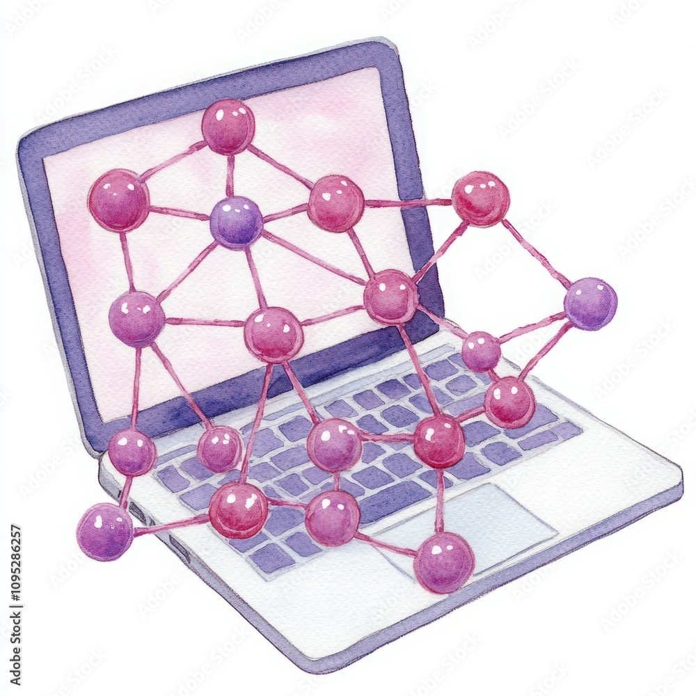 Aufkleber abstract representation of molecular structures emerging from a laptop in a watercolor style, symbol