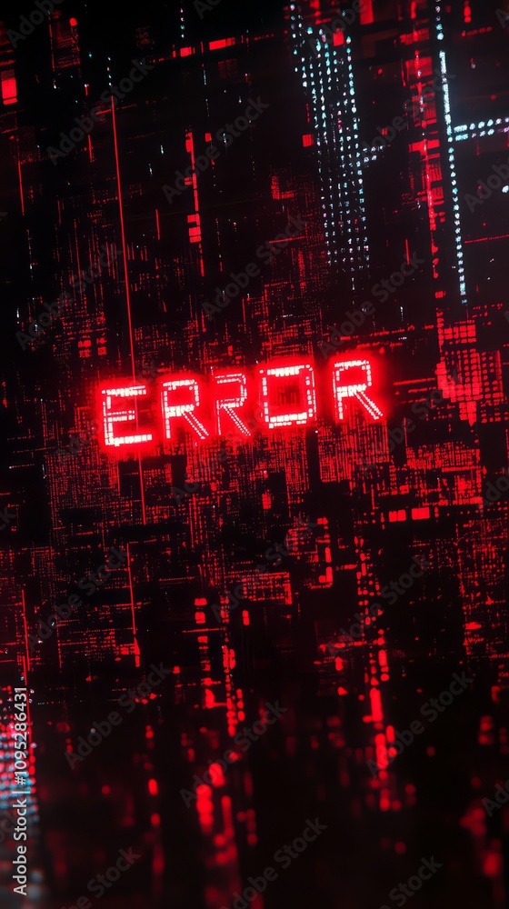 Poster cyberpunk glitch: red error message on circuit board