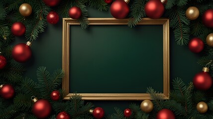 Festive christmas mockup with tinsel. Dark green vintage frame with golden and red ornaments. Blank xmas template with New Year decorations, empty space. Celebration card. Top view. Evergreen tree.