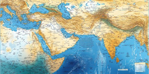 Naklejka premium Detailed Topographical Map Of Middle East And South Asia