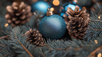 Closeup of a festive Christmas decoration with blue baubles, golden pinecones, and fir branches