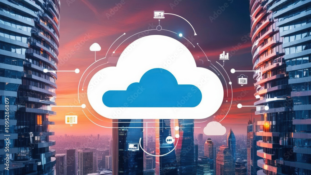 Poster modern cityscape with cloud symbol representing digital transformation and data flows, showcasing vi