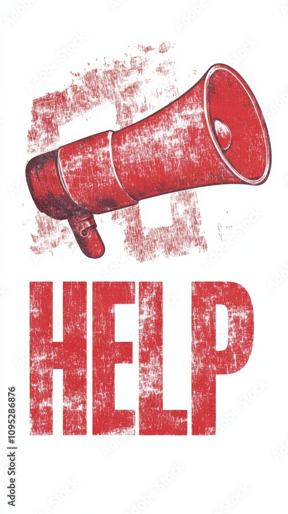 Poster urgent call for help: a distressed red megaphone and the word 