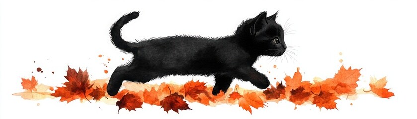 Obraz premium Adorable Black Cat Gracefully Walking Through Colorful Autumn Leaves Among Vibrant Orange and Red Foliage in a Charming Fall Setting