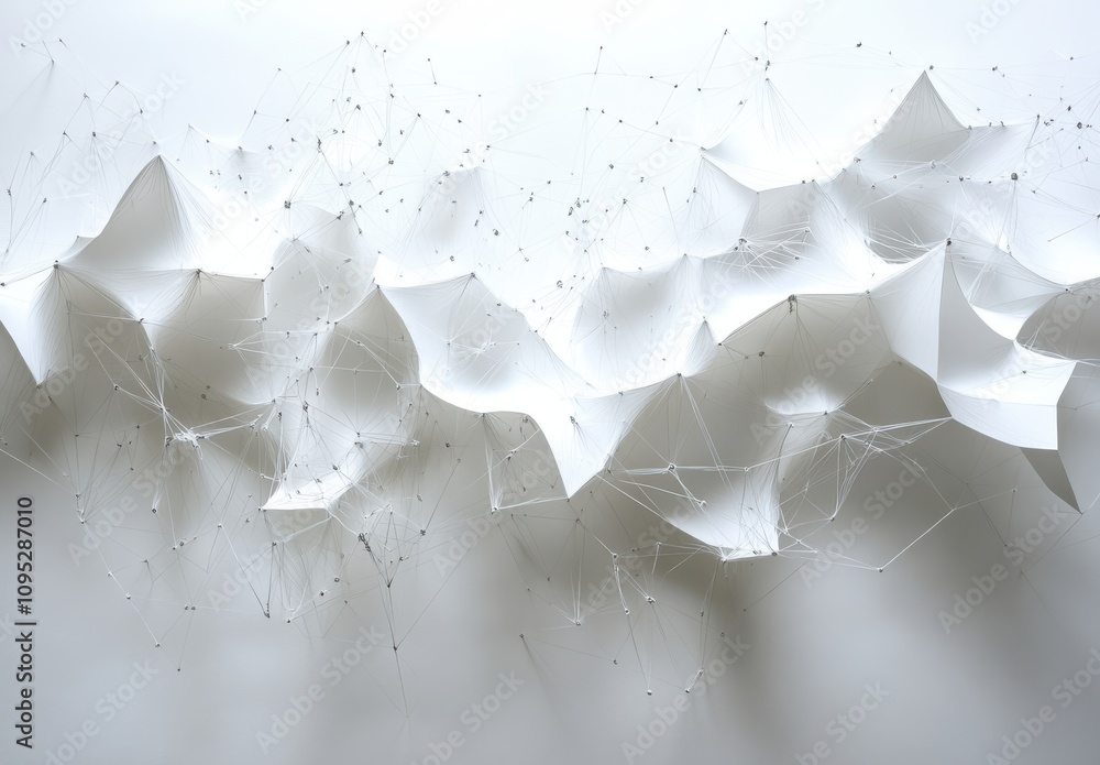 Poster abstract wall art display with intricate white paper forms and delicate connections on a minimalist 
