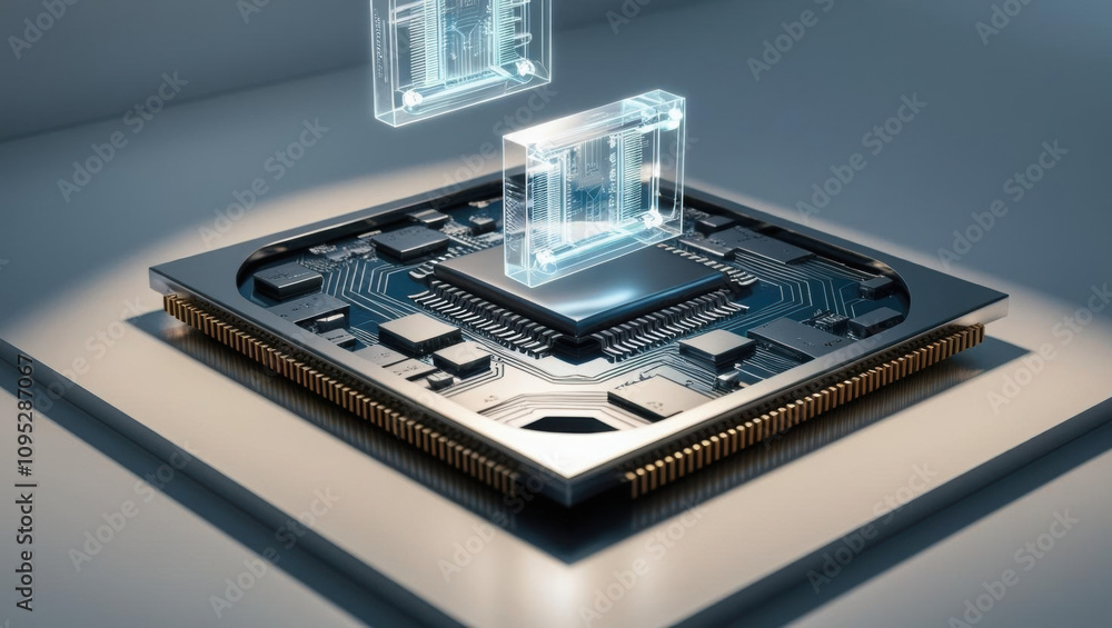 Poster high tech microchip with intricate circuits and floating holograms, showcasing metallic finish and a
