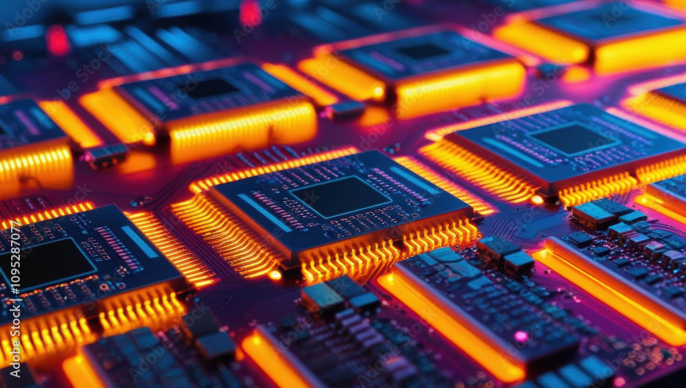 Poster glowing integrated circuits with layered patterns showcase advanced technology in vibrant neon color