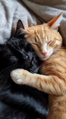 Cuddle Buddies: A heartwarming image of two cats, one black and one ginger, embracing in a tender moment of feline affection.  