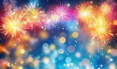 Obraz premium Vibrant Fireworks Display Against Dark Blue Sky 