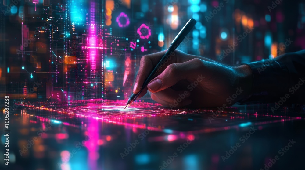 Poster a digital artist's hand uses a stylus on a glowing tablet, surrounded by vibrant futuristic patterns