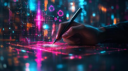 A digital artist's hand uses a stylus on a glowing tablet, surrounded by vibrant futuristic patterns and data visualizations.