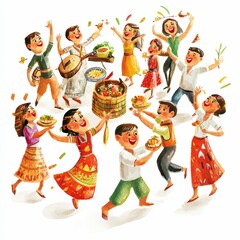 Joyful people dancing, sharing food, celebrating.