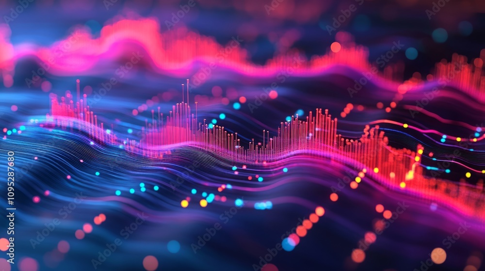 Poster a vibrant, abstract visualization of sound waves with colorful peaks and flowing patterns, evoking a