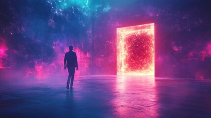 A lone figure stands before a glowing door in a vibrant, cosmic landscape filled with colorful lights and swirling patterns.