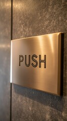 Brushed Metal Push Sign: A close-up of a sleek, brushed metal sign with the word "PUSH" engraved in a stylish font.  The sign is mounted on a textured, dark grey wall.