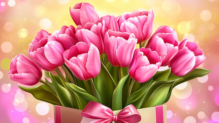 Obraz premium Vibrant bouquet of pink tulips in a decorative gift box with a ribbon on a glowing bokeh background