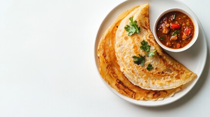 きれいな白い背景にスパイシーなサルサを添えたおいしいパンケーキの航空写真