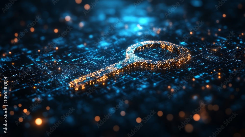 Aufkleber a glowing key made of digital particles, set against a dark background with shimmering light, symbol