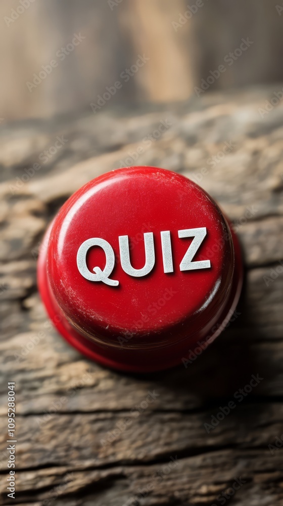 Aufkleber quiz button close-up: a vibrant red quiz button with the word 