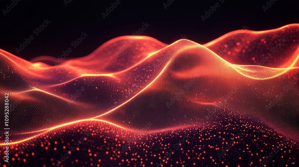 Poster an abstract representation of glowing red and orange waves, creating a dynamic, flowing landscape of