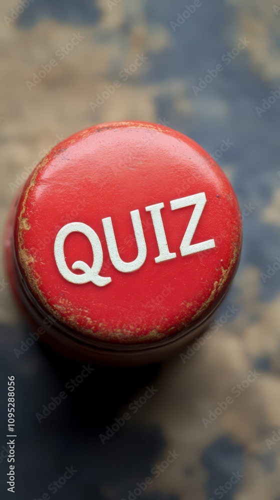 Poster red quiz button: a close-up shot of a weathered red button with the word 