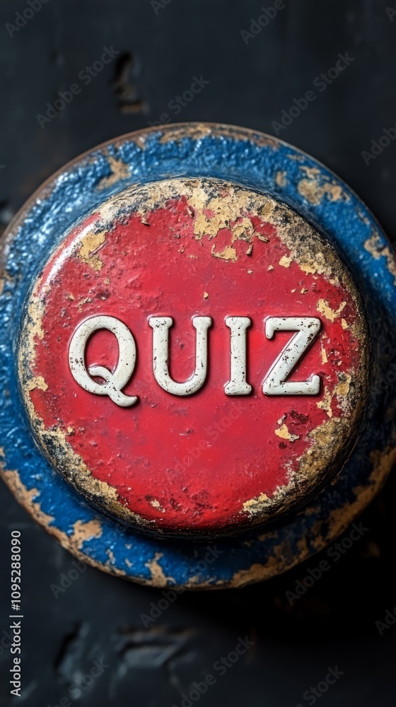 Poster quiz button: a close-up shot of a weathered red button with the word 