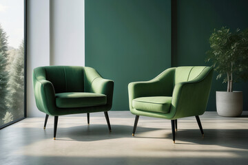Two green armchairs in an open space