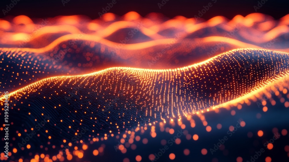 Poster a vibrant, abstract landscape with glowing particles and waves, creating a dynamic and futuristic vi