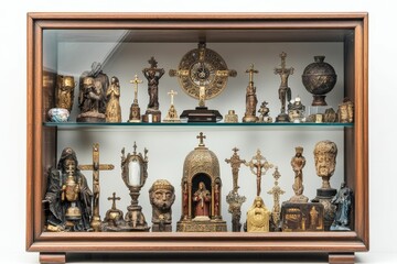 Fototapeta premium Religious artifacts displayed in wooden case.